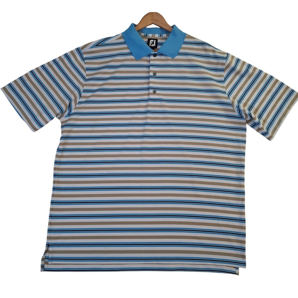 FootJoy Mens XL Performance Golf Polo Shirt Striped Blue Tan Short Sleeve FJ